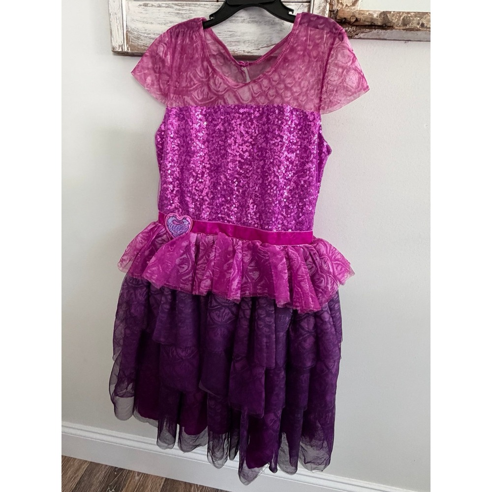 HTF Disney Store Descendants Mal Costume Dress Purple Sequin Tiered Girls 11/12
